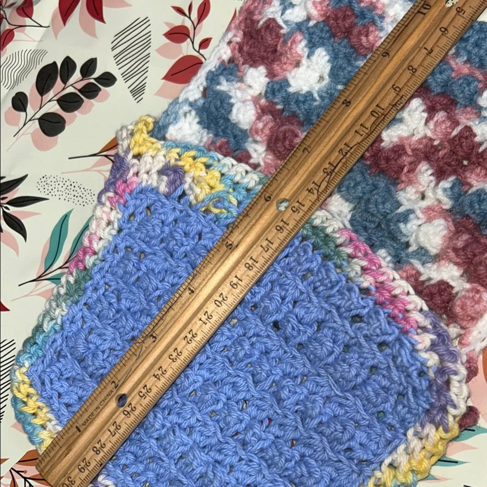 Handmade Crochet wash cloths and draw string bag for soap slivers. In blue green